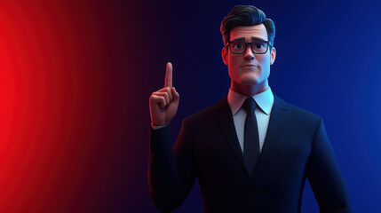 3D rendering of businessman with glasses, dressed in suit, standing confidently against gradient background of red and blue. His raised finger suggests he is making important point