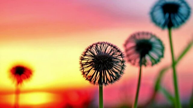 close up of dried dandelion flowers with sunset background, 4K short video