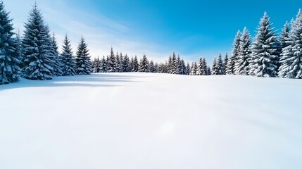 Breathtaking snowy landscape with a vast field covered in fresh white snow tall evergreen pine trees in the background and a clear blue winter sky overhead creating a serene and tranquil scene