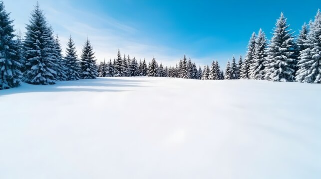 Breathtaking snowy landscape with a vast field covered in fresh white snow tall evergreen pine trees in the background and a clear blue winter sky overhead creating a serene and tranquil scene