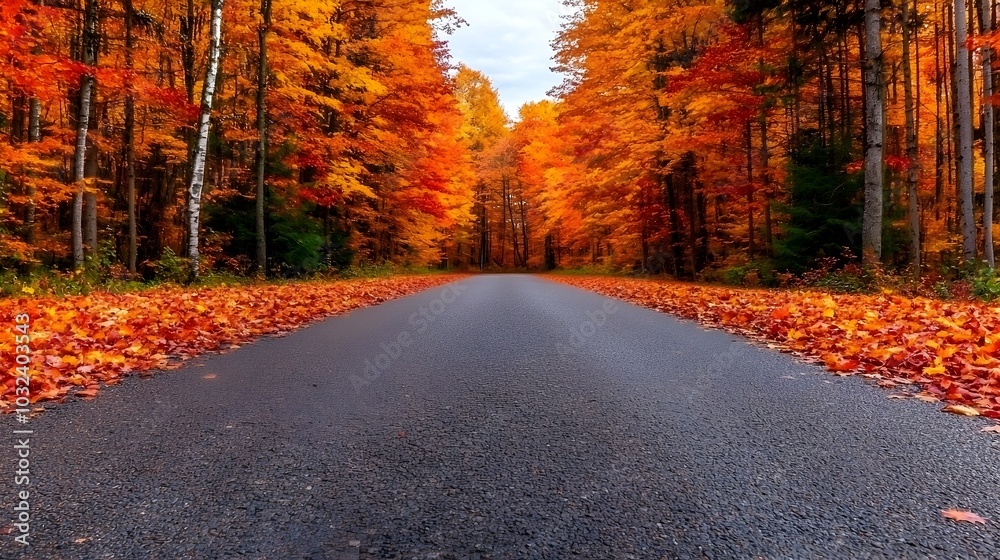 Aufkleber wide angle shot of a serene autumn forest with vibrant red and orange leaves gently falling and drif
