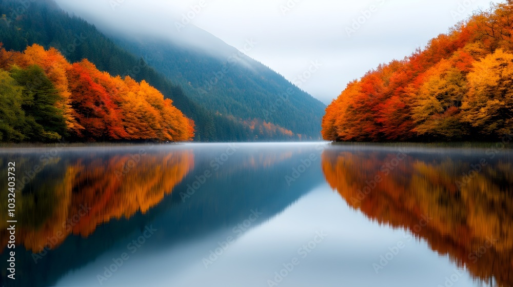 Poster Autumnal forest reflected on a tranquil lake with soft morning mist hovering over the calm scenic waterscape  Peaceful serene and atmospheric nature landscape