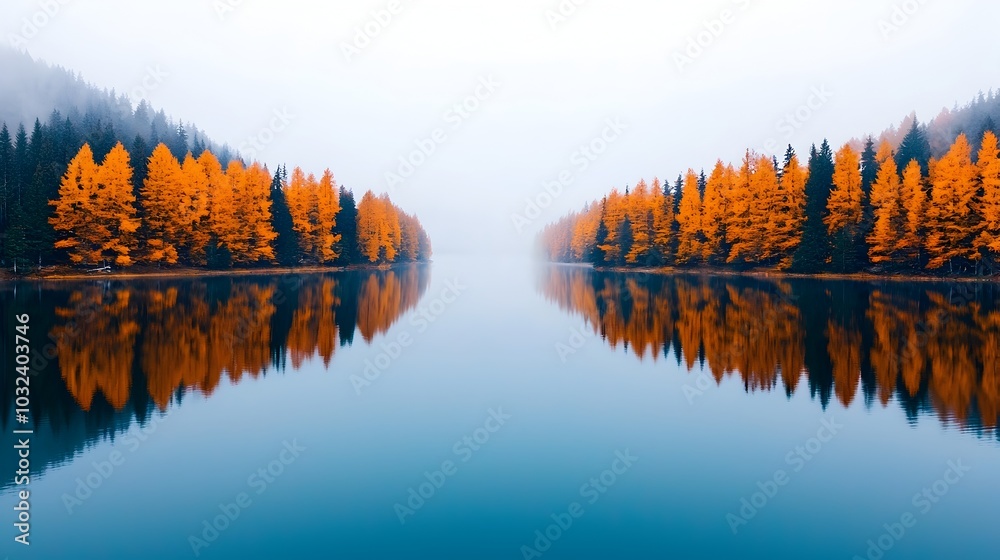 Poster Autumn s Reflection A tranquil lake mirroring the vibrant foliage of the surrounding forest with soft morning mist adding to the serene and ethereal atmosphere