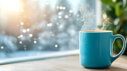 Close up of a steaming hot drink in a ceramic mug placed near a frosted window creating a cozy and atmospheric winter scene with the warmth of the beverage contrasting the cold exterior