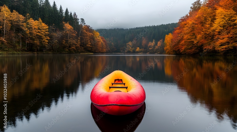 Poster serene golden autumn landscape with a calm river gently flowing through a lush forest of vibrant ora