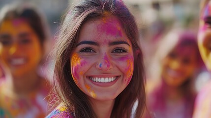 Obraz premium A young woman's face radiates happiness as she is playfully covered with colorful Holi powders, surrounded by a lively atmosphere filled with festivity and gleeful expressions.