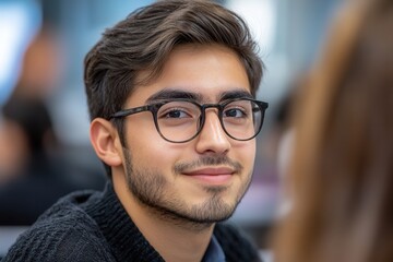 A young man wearing glasses and a black sweater smiles confidently, captured in a close-up, with a blurred background of people suggesting a casual social setting.