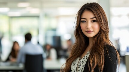 A professional woman in an office setting, exuding confidence and poise.