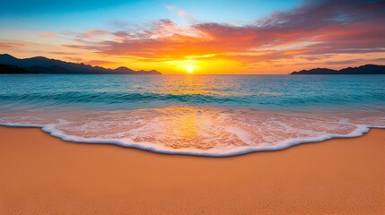Obraz premium Tranquil and picturesque golden hour beach scene featuring calm ocean waves gently lapping the shore a bright sun setting on the horizon and a warm glowing skyline