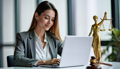 A confident young lawyer working on her laptop in a modern office, with a statue of Lady Justice nearby. Ideal for legal services, law firm promotions, and professional branding