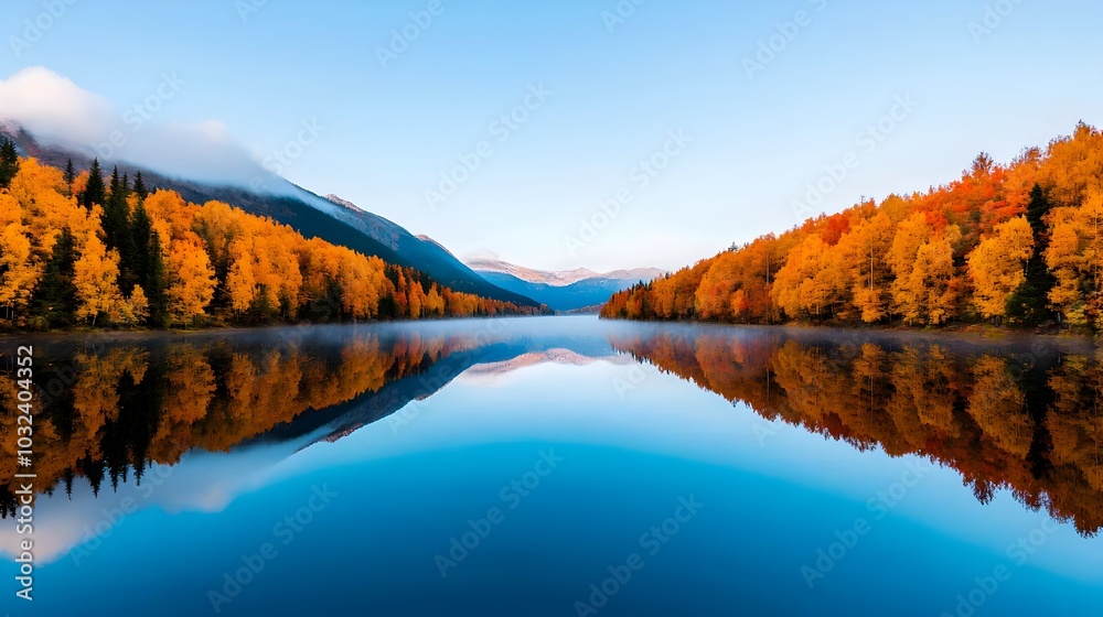 Poster tranquil autumn lake reflecting the vibrant foliage of the surrounding forest with a soft morning mi