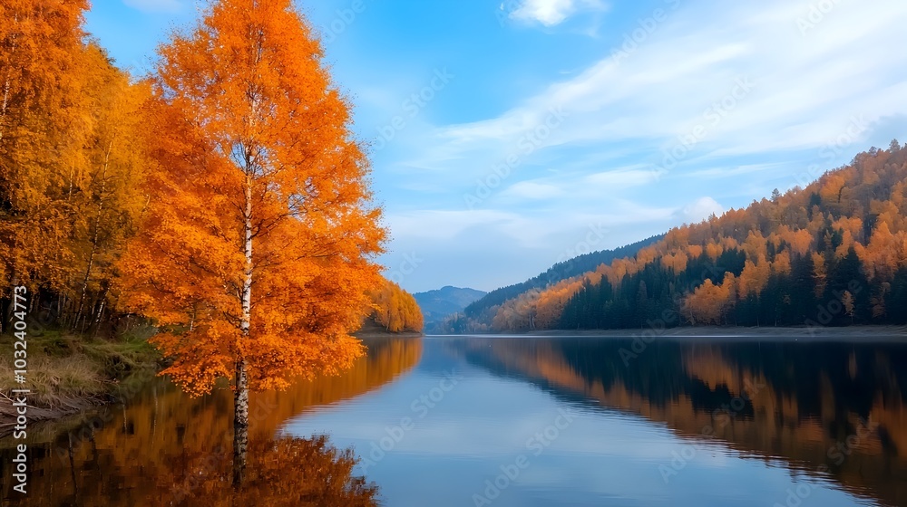 Aufkleber serene and tranquil autumn landscape featuring a calm river flowing through a forest of vibrant oran