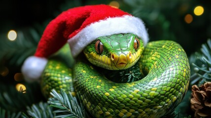 Obraz premium Festive snake in Santa hat symbolizing arrival of 2025.