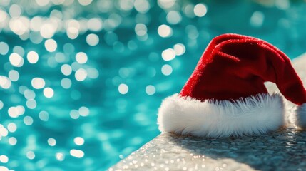Christmas hat by sparkling swimming pool, playful holiday scene