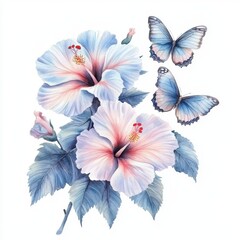 Obraz premium Watercolor hibiscus flower branch with butterflies, gentle, elegant background, pastel color on white background 