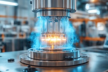 In a high tech manufacturing environment, precision equipment operates with glowing components and vapor emerging from complex machinery. The setting highlights the technological advancements in indus
