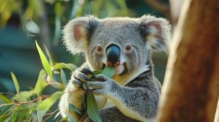 Fototapeta premium A cute koala bear with big eyes eats eucalyptus leaves in a tree.