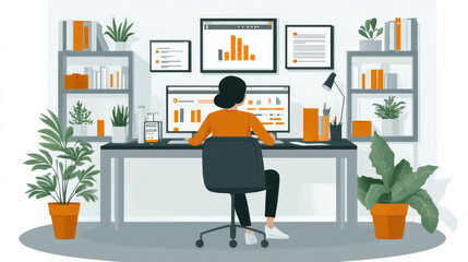 A person sits at a desk in a stylish home office, engaging with data on multiple screens while surrounded by plants and organized shelves