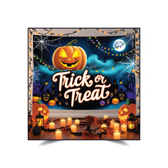 Happy Halloween poster banner night scene with halloween pumpkin smiley face and festive decoration for Trick or Treat Celebrations, Holiday Parties template vectotr design