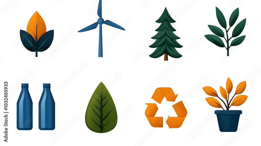 Aufkleber sustainable nature themed icon set on solid white background showcasing environmental concepts such 