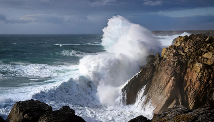 Fototapeta premium Heavy ocean waves breaking on rock coastline