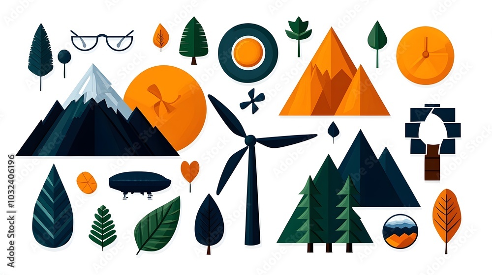 Aufkleber comprehensive environmental icon set focusing on nature renewable energy sources forest elements and