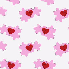 Cute seamless pattern for Valentine's Day. Two pieces of a puzzle with a heart. The concept of love and unity.
