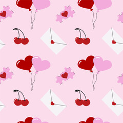 Cute seamless pattern for Valentine's day with balloons, envelope and cherry. The illustration is hand drawn.