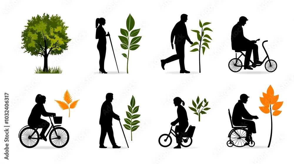 Poster diverse set of human icons in different postures and activities designed in a minimalist two tone st