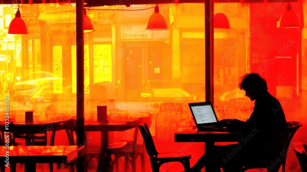 Aufkleber silhouetted person using laptop in a cafe with a red glow through the window