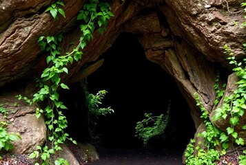 Fototapeta premium Cave Entrance The mouth of a cave is shrouded by vines and folia