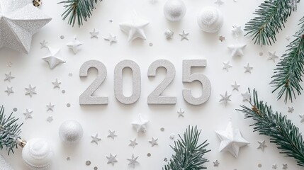 A flat lay of white Christmas decorations with the year 2025 written in wooden numbers.