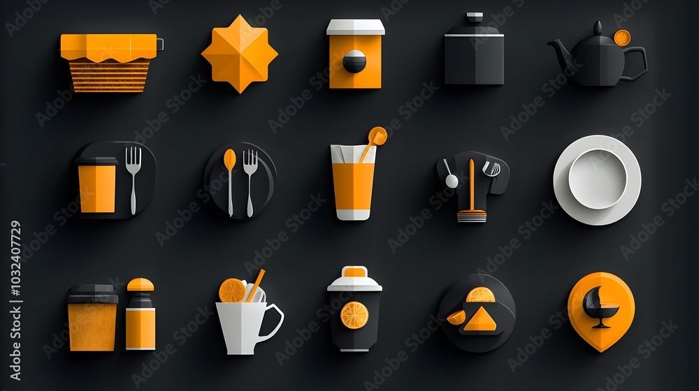 Poster minimalist catering icon set with plate food beverage and tableware elements of modern clean and sim