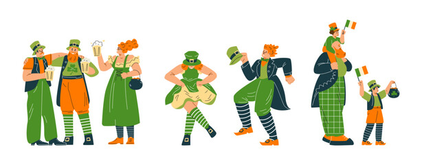 Vector illustrations of a man, woman and child in traditional clothes celebrating St. Patrick's