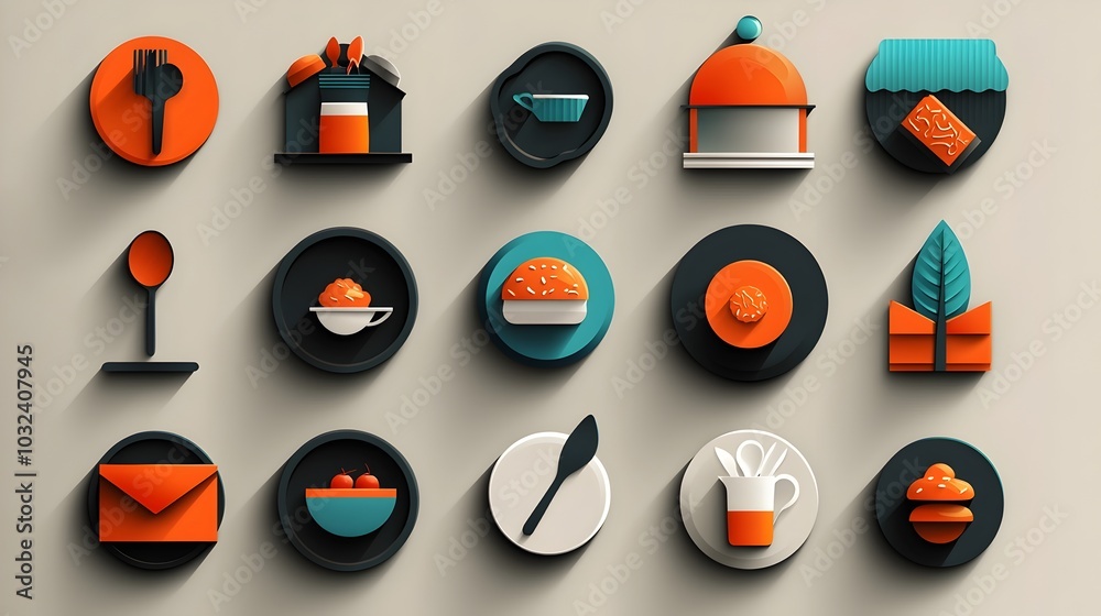 Poster elegant catering icons featuring a waiter cloche and various tableware items in a sophisticated cont
