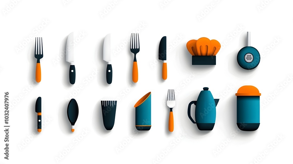 Poster elegant and minimalist icons representing essential catering and dining elements like forks knives c