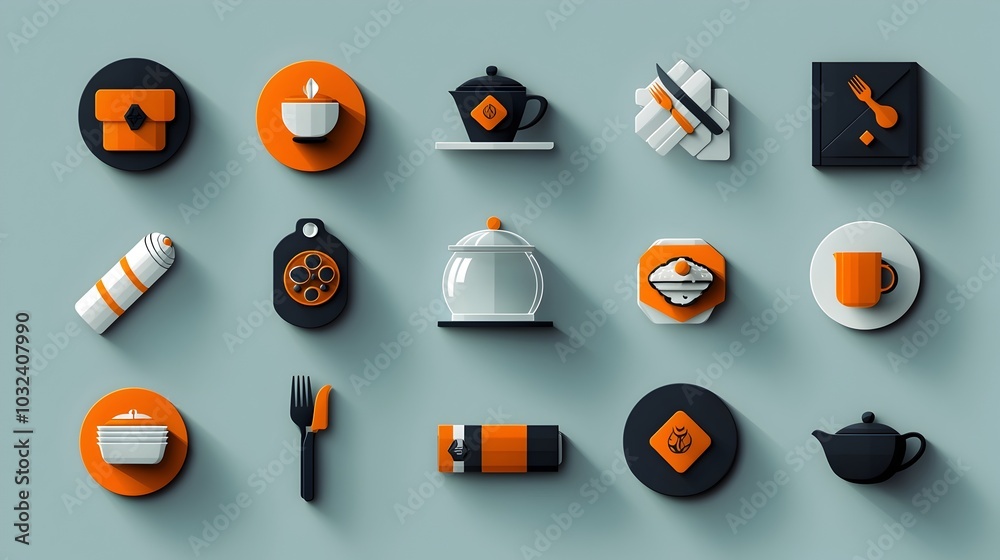 Poster catering icons with waiter cloche and tableware depicting a formal restaurant setting illustrated in
