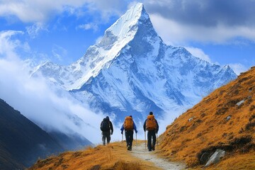 Hikers Ascend a Mountain Path towards a Snowy Peak