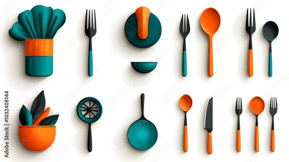 Poster Stylized icon set showcasing catering elements like chef hat fork spoon and dining table  Ideal for branding menu design and other culinary and hospitality industry applications