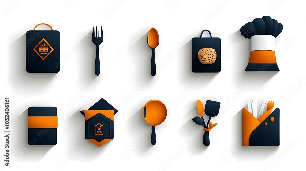 Poster Detailed icon set featuring a comprehensive collection of catering and culinary elements including chef hat fork spoon dining table and other essential kitchen and dining tools and symbols