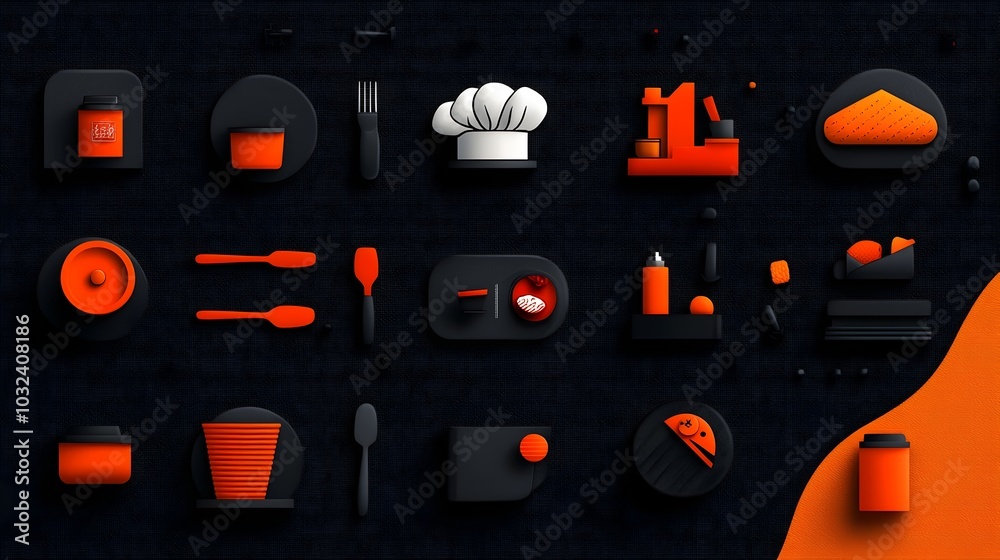 Poster comprehensive icon set showcasing catering and dining elements such as chef hat fork spoon and dinin