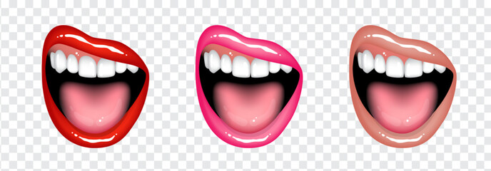 Beautiful female lips, teeth, tongue, open mouth. Set of vector isolated illustrations on transparent background