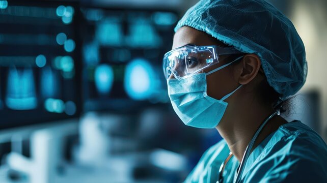 A focused healthcare professional wearing a mask and protective gear, analyzing medical images on multiple screens in a clinical environment.