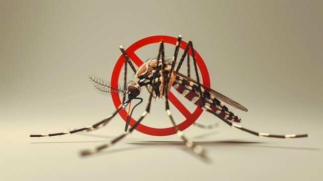 Stop mosquito. Red prohibition sign. Ban insects. Anti pest cartoon sign. Vector illustration flat design. Isolated on background. Malaria epidemic. No mosquito
