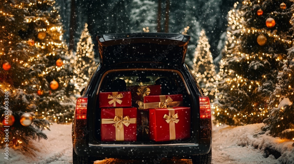Poster in a winter wonderland, a car trunk is open to reveal several beautifully wrapped presents. surround