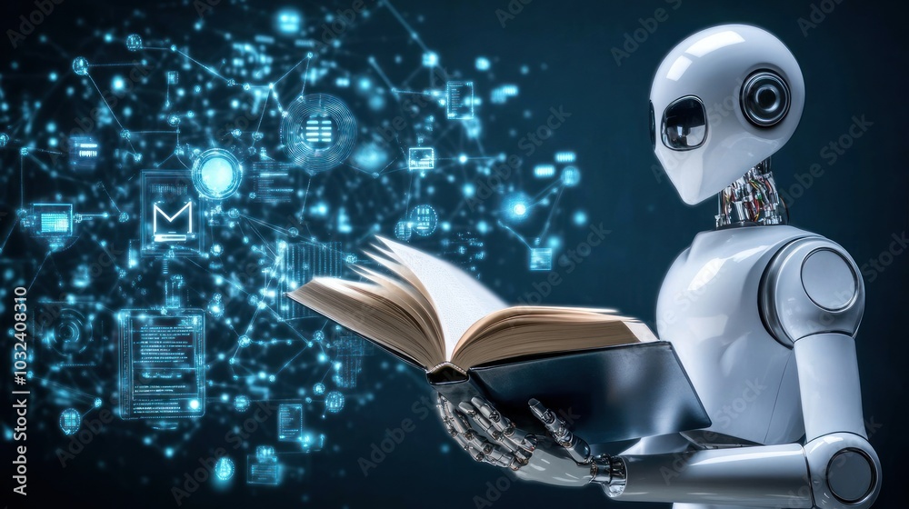 Leinwandbilder a white robot holding an open book with holographic data visualizations