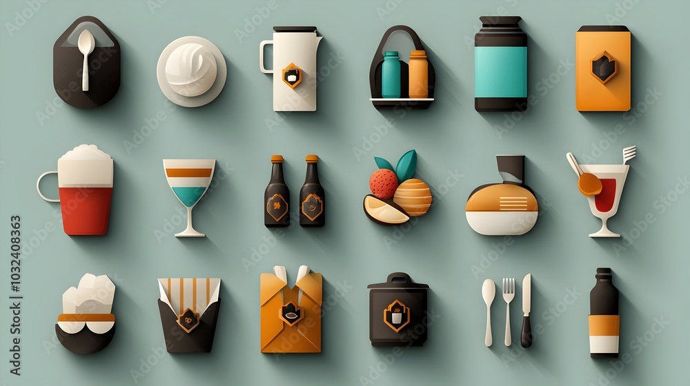 Poster comprehensive set of catering and dining icons including cutlery such as fork knife and spoon variou