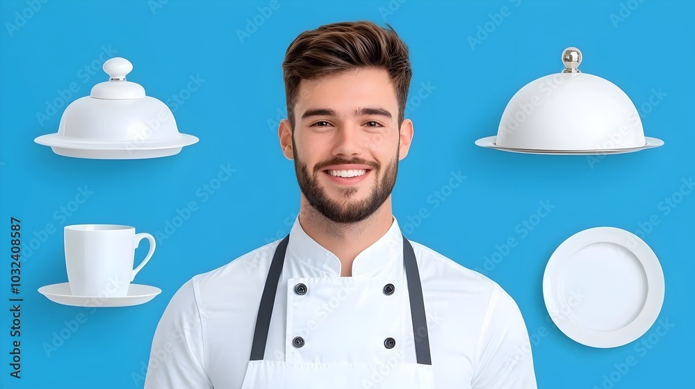Poster set of modern icons representing a waiter cloche and various tableware items for catering hospitalit