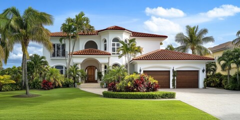 Fototapeta premium Beautiful two-story house white exterior red tiled roof The facade