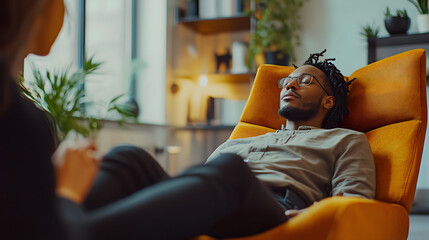 Young man undergoing a modern hypnotherapy session in a futuristic laboratory setting, supervised by a specialist in a cozy environment.